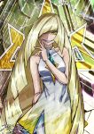  1girl bare_arms bare_shoulders blonde_hair breasts collarbone commentary_request dress eyelashes eyeshadow green_eyes hair_over_one_eye hand_up highres long_hair lusamine_(pokemon) makeup pokemon pokemon_(game) pokemon_sm ray-k sleeveless sleeveless_dress smile solo teeth very_long_hair 