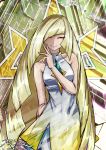  1girl bare_arms bare_shoulders blonde_hair breasts closed_eyes closed_mouth collarbone commentary_request dress eyelashes eyeshadow hair_over_one_eye hand_up highres long_hair lusamine_(pokemon) makeup pokemon pokemon_(game) pokemon_sm ray-k sleeveless sleeveless_dress smile solo very_long_hair 