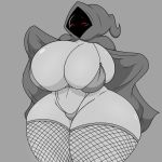  1:1 big_breasts bikini blush breasts cloak clothing death_(personification) eyebrows eyes_closed fishnet fishnet_clothing fishnet_legwear grey_body grey_skin hood huge_breasts huge_hips huge_thighs humanoid legwear male monochrome not_furry omegabrawl red_eyes solo stockings swimwear thick_thighs underwear wide_hips 
