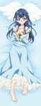  1girl absurdres anime_coloring bangs barefoot bed_sheet blue_eyes blue_hair blue_ribbon blue_sleeves closed_mouth dakimakura dearigazu2001 eyebrows_visible_through_hair from_above full_body hair_between_eyes hair_down highres hugtto!_precure long_hair long_sleeves looking_at_viewer lying neck_ribbon on_back precure ribbon shiny shiny_hair smile solo straight_hair yakushiji_saaya 