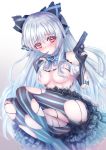  1girl absurdres artist_name blue_hair blush bow bowtie breasts elbow_gloves eyebrows_visible_through_hair finger_to_mouth girls_frontline gloves gun hair_between_eyes hair_ribbon hand_on_weapon handgun highres long_hair looking_at_viewer martinreaction pantyhose partly_fingerless_gloves pistol purple_eyes ribbon small_breasts solo striped striped_gloves striped_legwear thighs tokarev_(girls_frontline) tokarev_tt-33 torn_clothes torn_gloves torn_legwear weapon white_background 