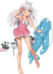  1girl arm_up bangs barefoot blunt_bangs full_body green_eyes hair_ribbon inflatable_toy jiji kantai_collection long_hair maestrale_(kantai_collection) official_art one-piece_swimsuit one_eye_closed one_side_up paravane pink_swimsuit polka_dot polka_dot_swimsuit ribbon silver_hair swimsuit tan tanline thigh_strap transparent_background turret white_ribbon 