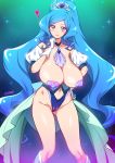  1girl alternate_breast_size artist_name bare_shoulders blue_choker blue_eyes blue_hair breasts choker closed_mouth collarbone commentary_request cure_fontaine gloves hand_on_hip hand_up healin&#039;_good_precure heart huge_breasts joy_ride long_hair looking_at_viewer magical_girl navel pasties precure sawaizumi_chiyu smile solo standing very_long_hair white_gloves 