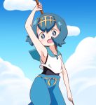  1girl :d arm_up armpits bangs blue_eyes blue_hair blue_pants blue_sailor_collar blush cloud collarbone commentary_request covered_navel day eyebrows_visible_through_hair gold_hairband hairband happy holding looking_at_viewer no_sclera one-piece_swimsuit open_mouth owlz pants pokemon pokemon_(game) pokemon_sm sailor_collar shirt short_hair sky sleeveless smile solo suiren_(pokemon) swimsuit swimsuit_under_clothes trial_captain 