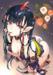  1girl ass bare_shoulders breasts chinese_lantern_(plant) collarbone commentary_request covered_nipples eyebrows_visible_through_hair gem highres horns kneeling nail_polish ogino_atsuki oni oni_horns original plant pointy_ears purple_eyes single_horn toenail_polish toenails toes 