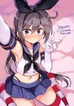  1girl akebono_(kantai_collection) armpits bed_sheet black_neckwear black_panties blue_sailor_collar blue_skirt blush collarbone cosplay crop_top dated elbow_gloves eyebrows_visible_through_hair flower gloves hair_between_eyes hair_flower hair_ornament highleg highleg_panties kantai_collection long_hair miniskirt navel neckerchief odawara_hakone panties pink_flower pleated_skirt purple_eyes purple_hair sailor_collar shimakaze_(kantai_collection) shimakaze_(kantai_collection)_(cosplay) side_ponytail skirt sleeveless solo striped striped_legwear thighhighs twitter_username underwear v white_gloves 