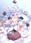  &gt;_&lt; 1girl ;) animal animal_ear_fluff animal_ears bangs bare_shoulders bed_sheet black_gloves black_leotard blue_hair blush bow braid breasts brown_eyes brown_legwear bunny bunny_ears carrot_hair_ornament closed_mouth commentary_request detached_sleeves don-chan_(hololive) dress eyebrows_visible_through_hair food_themed_hair_ornament fujishima-sei_ichi-gou fur-trimmed_dress fur-trimmed_gloves fur_trim gloves hair_between_eyes hair_bow hair_ornament hands_up heart heart_eyes highres hololive leotard medium_breasts multicolored_hair one_eye_closed pantyhose puffy_short_sleeves puffy_sleeves seiza short_eyebrows short_sleeves sitting smile strapless strapless_dress strapless_leotard thick_eyebrows twin_braids twintails two-tone_hair usada_pekora virtual_youtuber white_bow white_dress white_hair white_sleeves 