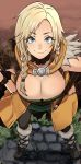  1girl asymmetrical_hair bianca blue_eyes braid breasts butcha-u choker cleavage commentary_request downblouse dragon_quest dragon_quest_v eyelashes forehead from_above hands_on_hips highres large_breasts looking_at_viewer medium_hair sheath sheathed single_pauldron smile smirk solo twin_braids 