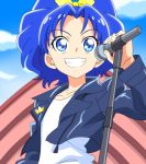  1girl absurdres anime_coloring blue_eyes blue_hair blue_jacket blue_sky blurry blurry_background bow cloud collarbone day dearigazu2001 grin hair_bow hair_intakes highres holding holding_microphone jacket kirakira_precure_a_la_mode long_hair long_sleeves microphone microphone_stand open_clothes open_jacket outdoors precure shiny shiny_hair shirt sky smile solo standing tategami_aoi upper_body white_shirt yellow_bow 