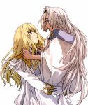  1boy 1girl blonde_hair blue_eyes caenis_(fate) carrying eyebrows_visible_through_hair fate/grand_order fate_(series) feathers gloves kirschtaria_wodime long_hair long_sleeves profile shirt_on_shoulders simple_background tsengyun white_background white_gloves white_hair 