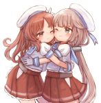  2girls blue_sailor_collar brown_eyes brown_hair cheek-to-cheek commentary_request flower gloves green_eyes grey_hair hair_flower hair_ornament hat hip_vent hug kantai_collection long_hair low_twintails mikura_(kantai_collection) multiple_girls pleated_skirt puffy_short_sleeves puffy_sleeves red_skirt sailor_collar sailor_hat sailor_shirt shirt short_sleeves simple_background skirt twintails white_background white_gloves white_headwear white_shirt wss_(nicoseiga19993411) yashiro_(kantai_collection) 