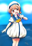  1girl blue_sailor_collar blue_sky blurry brown_eyes brown_hair cloud commentary_request depth_of_field dress feet_out_of_frame food hair_rings hat highres horizon kaiboukan_no._4_(kantai_collection) kantai_collection long_hair low_twintails ocean open_mouth popsicle sailor_collar sailor_dress sailor_hat senon short_sleeves sky smile solo twintails upper_teeth white_dress white_headwear 