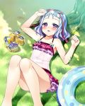  1girl arm_up blue_hair blush bucchake_(asami) casual_one-piece_swimsuit footwear_removed hand_on_own_head innertube knees_up koihime_musou legs lying official_art on_back one-piece_swimsuit open_mouth purple_eyes ribbon sandals short_hair smile solo swimsuit swimsuit_skirt thighs toutaku 
