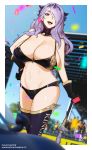  1girl absurdres artist_name aurahack bikini blue_sky blurry blurry_background breasts camilla_(fire_emblem) cleavage confetti depth_of_field fire_emblem fire_emblem_fates gloves hair_over_one_eye hand_on_hip highres large_breasts looking_at_viewer open_mouth photo_background purple_eyes purple_hair race_queen sky smile solo_focus standing swimsuit thighhighs tiara twitter_username umbrella 