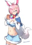  1girl absurdres alternate_costume animal_ears arm_warmers blue_bra blue_capelet blue_skirt blush bow bowtie bra breasts capelet cleavage cosplay cowboy_shot detached_sleeves fate/grand_order fate_(series) fou_(fate/grand_order) fou_(fate/grand_order)_(cosplay) fur-trimmed_bra fur-trimmed_skirt fur_trim hair_over_one_eye highres lavender_hair long_sleeves looking_at_viewer mash_kyrielight navel purple_eyes red_bow red_neckwear saint_quartz saruchitan short_hair simple_background skirt smile solo standing stellated_octahedron stomach tail thighhighs underwear white_background white_legwear 