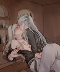  04_st95l0426 2girls ak-12_(girls_frontline) an-94_(girls_frontline) bangs bare_shoulders belt black_belt black_shirt blush bottle braid breast_grab closed_eyes commentary_request french_braid girl_on_top grabbing grey_pants high_ponytail highres imminent_kiss imminent_sex indoors multiple_girls nipple_tweak nipples off_shoulder open_clothes open_shirt pants shirt sidelocks silver_hair sweat yuri 