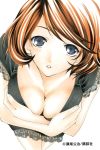  1girl blouse bob_cut breast_squeeze breasts brown_hair cleavage eyelashes fingernails grey_eyes hands_on_own_chest highres hoshina_miyu kimi_no_iru_machi large_breasts looking_at_viewer official_art open_mouth pursed_lips seo_kouji short_hair simple_background traditional_media watercolor_(medium) 
