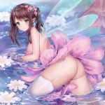  1girl ass blush breasts brown_hair dress eyebrows_visible_through_hair fairy fairy_wings flower flower_on_liquid garter_belt green_eyes hair_between_eyes hair_flower hair_ornament haneru highres looking_at_viewer medium_breasts medium_hair mole mole_on_arm original panties partially_submerged pink_dress pointy_ears smile solo thighhighs twitter_username two_side_up underwear water wet white_legwear white_panties wings 