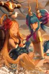  2girls animal animal_on_head arm_support bare_shoulders bikini bikini_top bird black_bikini blue_hair bow breasts brown_eyes brown_hair character_request cleavage closed_eyes closed_mouth cloud cloudy_sky commentary crossed_legs double_bun dragalia_lost english_commentary flower foam gradient_hair hair_bow hair_flower hair_ornament hentaki highres horns long_hair medium_breasts multicolored_hair multiple_girls on_head outdoors pointy_ears purple_bow purple_hair red_flower seagull sidelocks sitting sky smile striped striped_bow sunset swimsuit twintails very_long_hair water white_bikini wrist_cuffs 