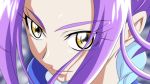  1girl anime_coloring blurry blurry_background closed_mouth cure_beat dearigazu2001 eyebrows_visible_through_hair highres portrait precure purple_hair shiny shiny_hair smile solo suite_precure yellow_eyes 
