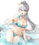  absurdres anastasia_(fate/grand_order) artist_name bikini blue_bikini blue_eyes breasts fate/grand_order fate_(series) food hairband highres large_breasts long_hair melting navel ocean ponytail popsicle silver_hair silverpixia swimsuit wading 