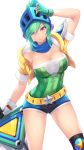  1girl alternate_costume arcade_riven arm_up bangs bare_shoulders blue_shorts breasts cait cleavage commentary fingerless_gloves gloves green_hair helmet highres jacket large_breasts league_of_legends looking_at_viewer medium_breasts purple_eyes riven_(league_of_legends) short_hair shorts simple_background smile solo star_(symbol) sword weapon white_background white_gloves yellow_belt yellow_jacket 