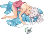  1girl back bangs barefoot blunt_bangs closed_eyes full_body hair_ribbon inflatable_toy jiji kantai_collection long_hair lying maestrale_(kantai_collection) official_art on_stomach one-piece_swimsuit one_side_up pink_swimsuit polka_dot polka_dot_swimsuit ribbon silver_hair straddling swimsuit tan tanline thigh_strap towel transparent_background white_ribbon 