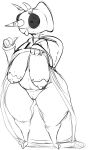 2_toes 3_fingers 3_horns age_difference anthro big_breasts breasts cartoon_network chameleon cloak clothing clothing_lift female fingers genitals gesture hanging_breasts hanging_tongue hi_res hood horn huge_thighs lizard monochrome multi_horn older_female pointing pointing_at_self ponk pussy reptile robe sagging_breasts scalie small_feet smile solo thick_thighs tiny_feet toes tongue tongue_out tunic 