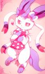  alternate_color anklet artist_name bed bow gen_6_pokemon heart highres jewelry lying no_humans object_hug on_back pillow pink_blanket pointy_ears pokemon pokemon_(creature) polka_dot purple_fur purple_sclera purpleninfy ribbon smile sylveon white_fur 