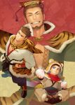  1boy animal_ears animal_print arm_guards baozi beard blue_eyes brown_footwear brown_hair butterfly_sitting commentary_request facial_hair food fur_trim green_tunic grin hand_on_hip hat highres itto_(mentaiko) sangokushi_puzzle_taisen scarf sitting smile standing sun_quan tiger tiger_ears tiger_print 