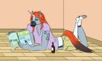  alcohol anthro beer beverage blue_body bottomwear clothed clothing equid equine female hair hayley hi_res hooves horn lying magazine mammal multicolored_body orange_hair reading shirt shorts solo t-shirt teal_eyes temetnosce88 topwear unicorn white_body 