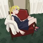  1girl armchair black_dress blonde_hair blush_stickers chair closed_eyes closed_mouth curtains dress from_side highres jacket jacket_removed kill_me_baby long_hair looking_at_viewer nadegata purple_eyes short_dress sitting sitting_sideways solo sonya_(kill_me_baby) twintails 