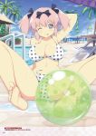  +_+ 1girl ;p arm_behind_back arm_behind_head arm_up armpits ball bangs bare_shoulders beachball bikini black_bow blue_sky blush bow breasts cleavage cloud cloudy_sky collarbone day groin hair_bow hibari_(senran_kagura) highres horizon large_breasts legs_up looking_at_viewer navel non-web_source ocean official_art one_eye_closed outdoors page_number pink_hair polka_dot polka_dot_bikini polka_dot_swimsuit reclining senran_kagura short_twintails sitting sky smile soles solo spread_legs stomach swimsuit symbol-shaped_pupils tongue tongue_out translation_request tree twintails water yaegashi_nan 