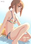  1girl artist_name bangs bare_arms bare_legs bare_shoulders barefoot bikini blush breasts brown_eyes brown_hair commentary_request eyebrows_visible_through_hair highres innertube knee_up looking_at_viewer medium_breasts navel okano_kei parted_lips sidelocks signature sitting soles solo striped striped_bikini swimsuit umiroku yuyushiki 
