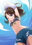  1girl absurdres armpits arms_up bikini bikini_top blue_eyes blush brown_hair cloud cowboy_shot denim denim_shorts fisheye from_below grin happy high_ponytail highres long_hair looking_at_viewer looking_down midriff negimiso1989 one_eye_closed pokemon pokemon_(game) pokemon_bw ponytail shorts sidelocks sky smile solo swimsuit torn_clothes torn_shorts touko_(pokemon) undressing 