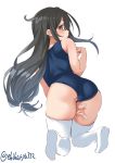  1girl black_hair black_swimsuit blush brown_eyes ebifurya from_behind full_body hatsushimo_(kantai_collection) highres kantai_collection long_hair looking_back low-tied_long_hair one-piece_swimsuit school_swimsuit simple_background solo swimsuit thighhighs twitter_username very_long_hair white_background white_legwear 