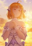 1girl antenna_hair bangs bare_shoulders blush cloud detached_sleeves earrings hands_together highres jewelry looking_to_the_side love_live! love_live!_sunshine!! medium_hair orange_hair outdoors papi_(papiron100) red_eyes see-through short_sleeves sky smile solo sun sunlight sunset takami_chika two-tone_dress upper_body wrist_cuffs 