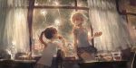  2girls black_hair blonde_hair candy cityscape fireworks food multiple_girls night original ponytail roki_(0214278) shirt table white_shirt wind window 