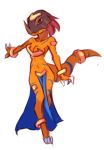  2020 anthro blue_markings bone breasts claws digimon digimon_(species) dinosaur drantyno female fingers greymon hair long_tail markings orange_body red_eyes red_hair reptile ring scalie skull solo tail_ring toe_claws white_claws 