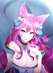  1girl absurdres ahri alternate_hair_color animal_ear_fluff animal_ears artist_request bell black_choker blue_ribbon breasts choker cleavage facial_mark fox_ears fox_tail hair_bell hair_ornament highres kumiho large_breasts league_of_legends lips lipstick makeup multiple_tails off_shoulder pink_nails ribbon solo spirit_blossom_ahri tail whisker_markings 