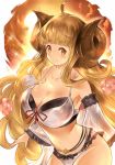  1girl ahoge anila_(granblue_fantasy) arms_at_sides backlighting bangs blonde_hair blunt_bangs breasts cleavage commentary_request cowboy_shot detached_sleeves draph evening flower from_side granblue_fantasy hair_flower hair_ornament highres horns huge_breasts leaning_forward long_hair looking_at_viewer midriff navel see-through sheep_horns short_eyebrows smile solo standing sun taka00277657 very_long_hair yellow_eyes 