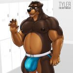  1:1 2020 5_fingers anthro balls big_bulge biped bulge canid canine canis clothing digital_media_(artwork) domestic_dog dream_and_nightmare fingers genitals gesture hi_res jockstrap locker_room male mammal mastiff molosser musclegut muscular muscular_anthro muscular_male navel pecs penis rottweiler slightly_chubby solo standing teeth thong tongue tongue_out tyler underwear waving 