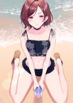  :0 bangs bare_arms bare_legs beach bikini black_bikini black_choker blush breasts choker collarbone floral_print frilled_bikini frills hair_ornament hairclip highres higuchi_madoka houmatu_awa idolmaster idolmaster_shiny_colors medium_hair mole mole_under_eye navel ocean open_toe_shoes outdoors purple_eyes red_hair sand sandals seiza sitting small_breasts solo swimsuit tankini water wet wet_hair x_hair_ornament 