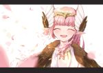 1girl absurdres circe_(fate/grand_order) closed_eyes fate/grand_order fate_(series) head_wings highres letterboxed petals pink_hair pointy_ears smile tiranaihana white_background wings 