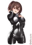  1girl black_bodysuit blush bodysuit breasts brown_eyes brown_hair cropped_legs ebifurya eyebrows_visible_through_hair hair_between_eyes highres ise_(kantai_collection) kantai_collection large_breasts latex_bodysuit looking_at_viewer open_mouth ponytail shiny shiny_clothes short_hair simple_background solo twitter_username white_background 