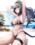  1girl absurdres animal_ear_fluff animal_ears arknights arms_behind_head arms_up beach bikini black_bikini black_choker blue_sky blush breasts cat_ears cat_tail choker cleavage closed_mouth cloud english_commentary halterneck high_ponytail highres kneeling large_breasts long_ponytail navel noir_(4chan) ocean outdoors palm_tree rock sand schwarz_(arknights) shore sidelocks silver_hair sky swimsuit tail thigh_strap thighs tree underboob water yellow_eyes 