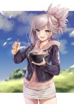  1girl blush bowl chopsticks cloud collarbone cowboy_shot day earrings eyebrows_visible_through_hair fate/grand_order fate_(series) food hane_yuki highres holding holding_bowl holding_food jacket jewelry long_sleeves looking_at_viewer miyamoto_musashi_(fate/grand_order) open_mouth outdoors ponytail sky solo standing 