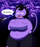  2019 3_fingers absurd_res anthro black_body black_fur black_hair black_nose breasts catty_(undertale) clothed clothing domestic_cat dr._chaos duo fangs felid feline felis female fingers fur glowing glowing_eyes hair hi_res hypnosis laser_pointer mammal mind_control open_mouth overweight overweight_female purple_body purple_fur solo_focus speech_bubble spiral_eyes text tongue tongue_out undertale unknown_species video_games 