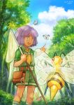  1boy :d aipom bangs beedrill belt bob_cut butterfly_net butterfree cloud collared_shirt commentary_request day eyebrows_visible_through_hair fon-due_(fonfon) gen_1_pokemon gen_2_pokemon green_shirt green_shorts hand_net holding_butterfly_net knees open_mouth outdoors pink_eyes pointing pokemon pokemon_(creature) pokemon_(game) pokemon_hgss purple_hair shirt short_sleeves shorts sky smile standing teeth tongue tree tsukushi_(pokemon) upper_teeth yellow_neckwear 