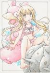  1girl bikini blonde_hair colored_pencil_(medium) crossover food futaba_anzu gen_1_pokemon hair_ornament highres idolmaster idolmaster_cinderella_girls inori_(pokemoart) looking_at_viewer pokemon pokemon_(creature) popsicle slowbro swimsuit tongue tongue_out traditional_media 